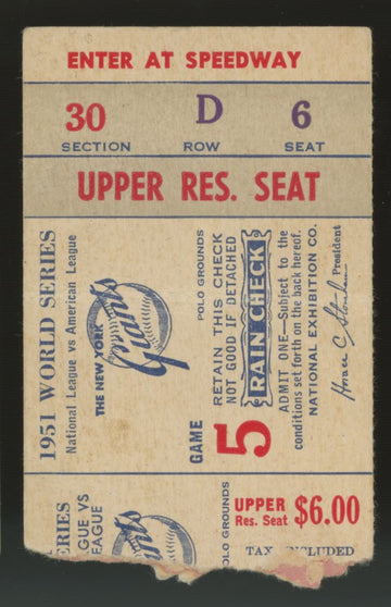 1951 New York Giants World Series Game 5 Ticket Stub Low Grade