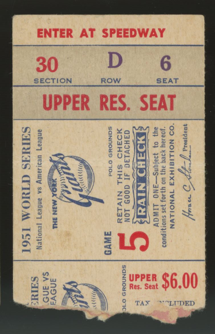 1951 New York Giants World Series Game 5 Ticket Stub Low Grade
