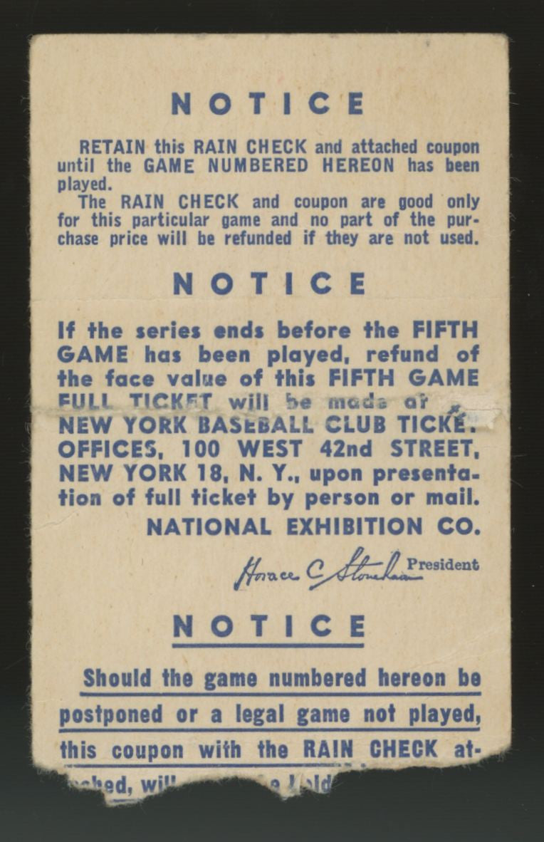 1951 New York Giants World Series Game 5 Ticket Stub Low Grade