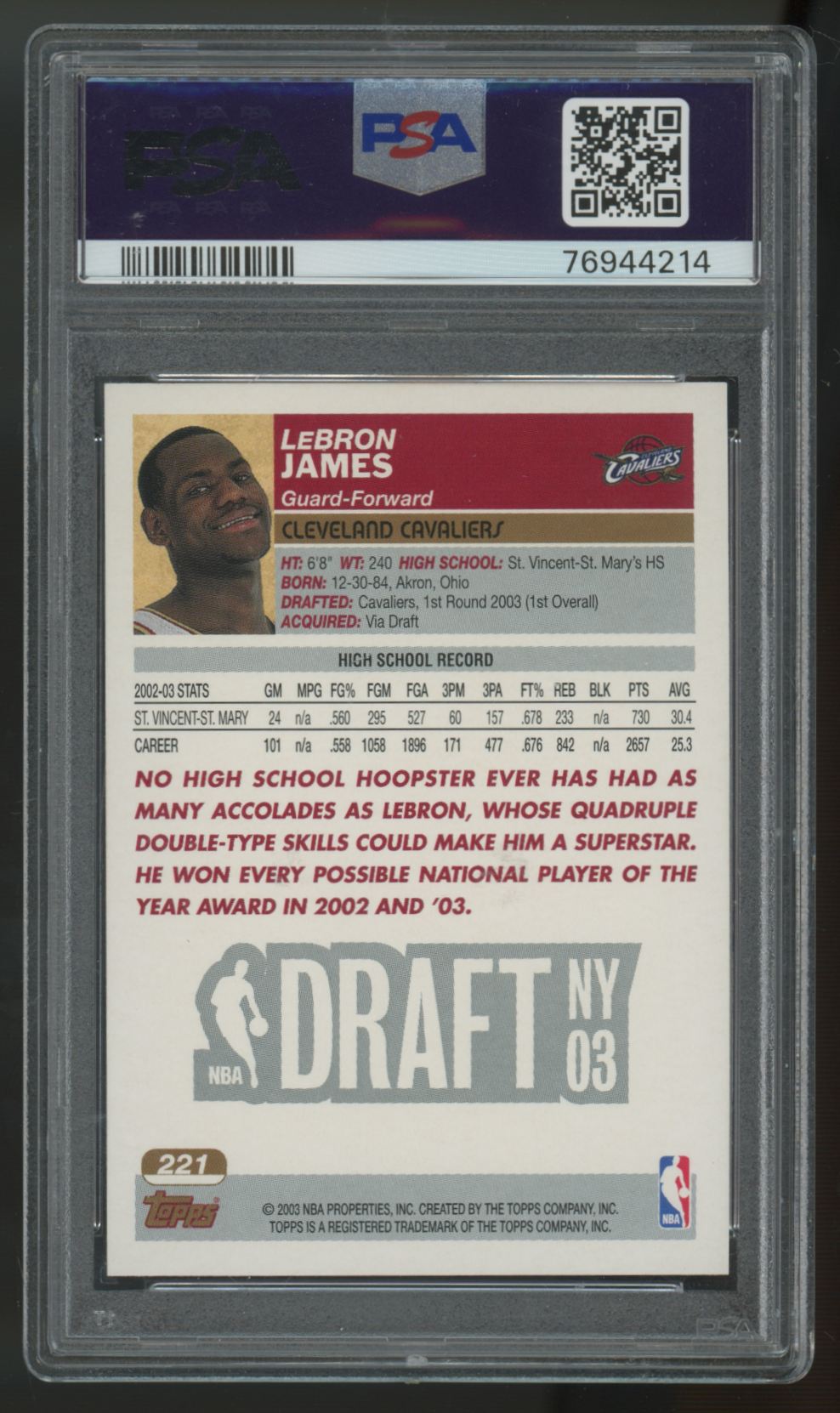 2003-04 Topps LeBron James RC #221 PSA 9 *214