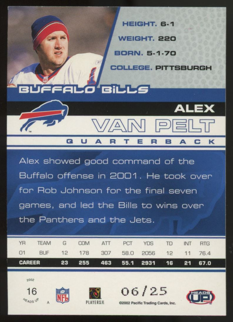 2002 Pacific Heads Up Alex Van Pelt Purple /25 #16