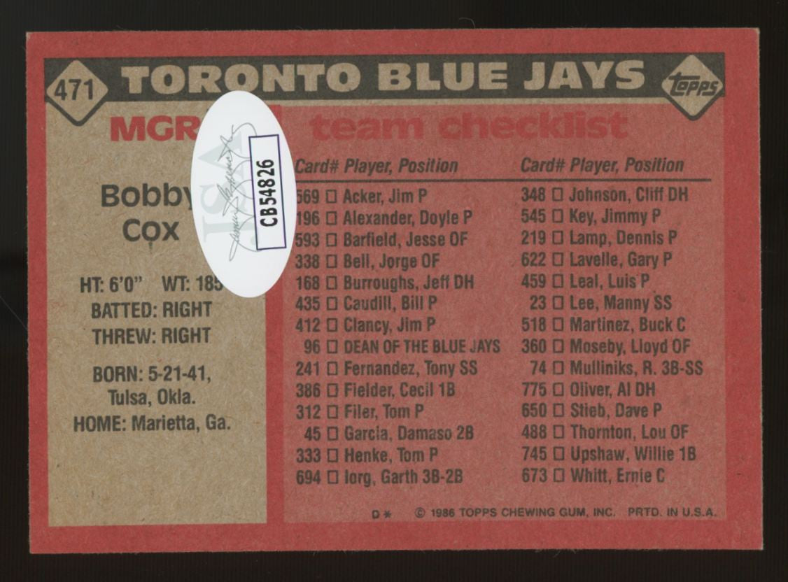 1986 Topps Bobby Cox #471 Signed Auto JSA