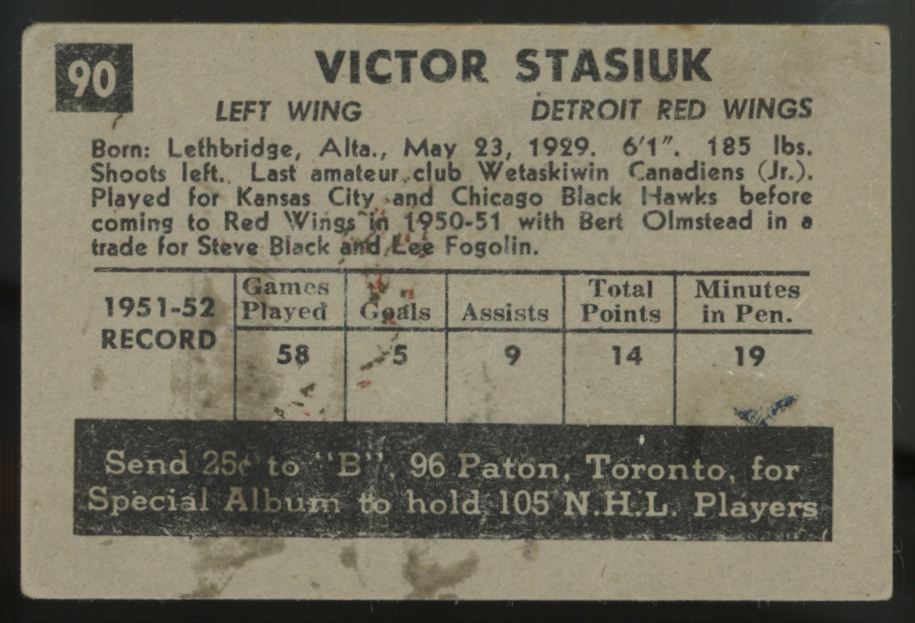 1952-53 Parkhurst Victor Stasiuk #90 G/VG