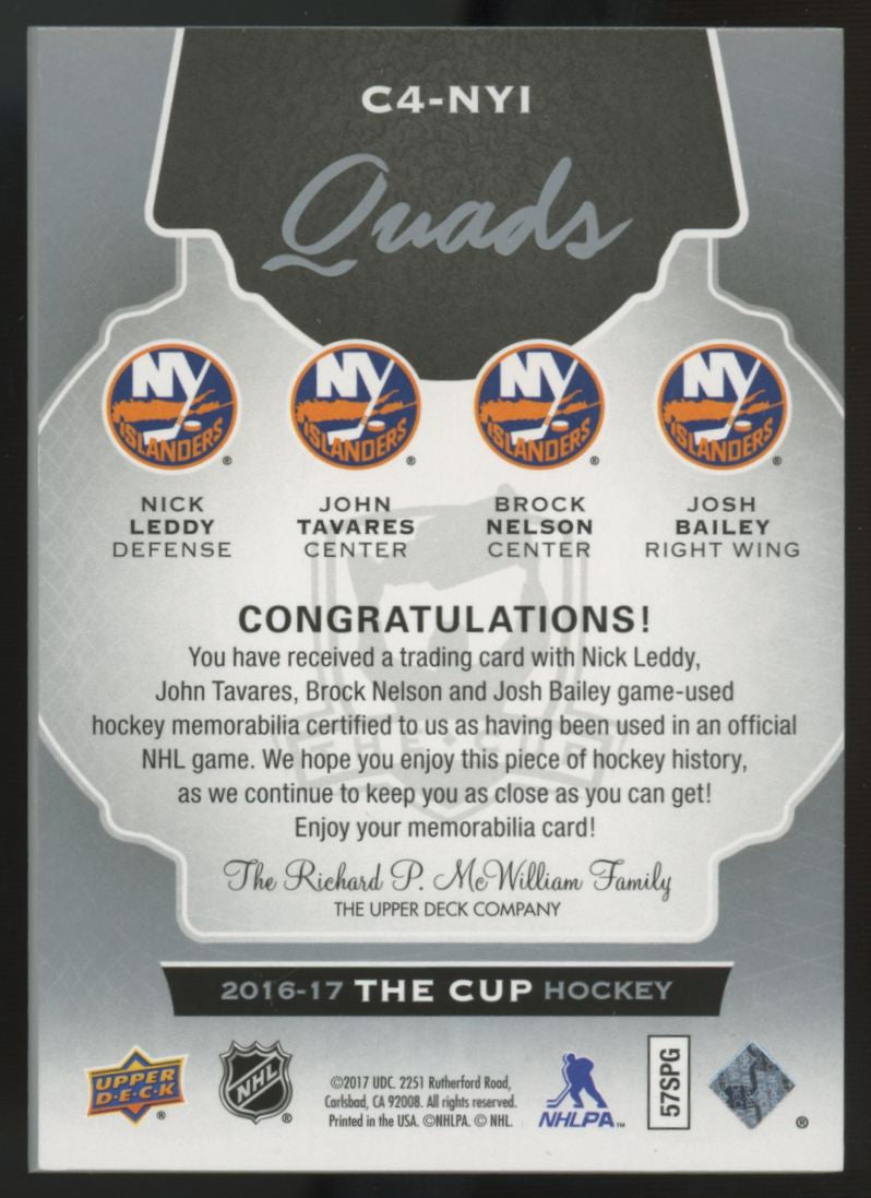2016-17 UD The Cup Leddy/Tavares/Nelson/Bailey Quad Patch /10 #C4-NYI