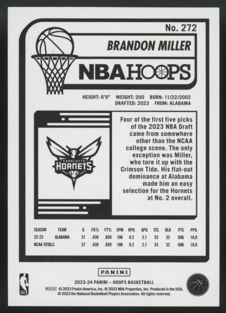 2023-24 Hoops Brandon Miller RC Asia Blue #272