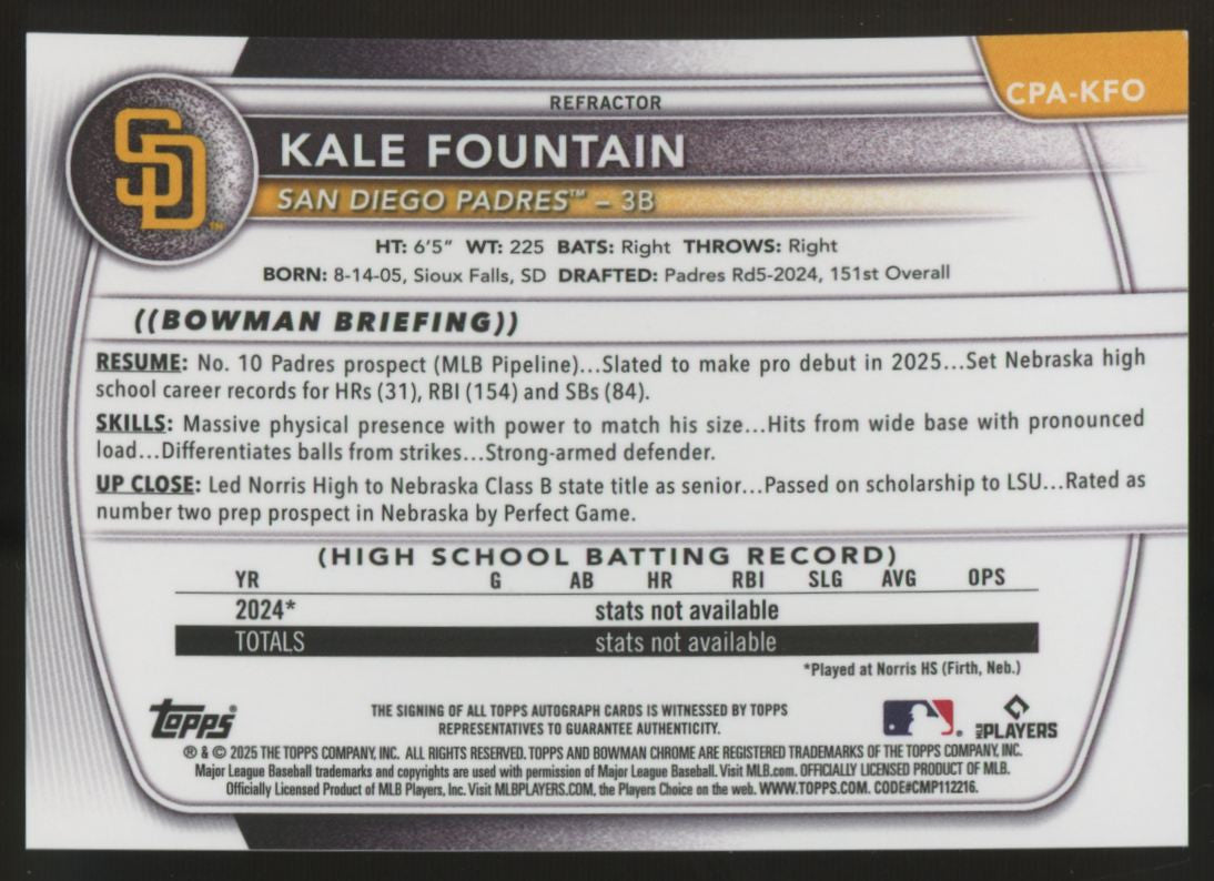 2025 Bowman Chrome Kale Fountain 1st Refractor Auto /499 #CPA-KFO