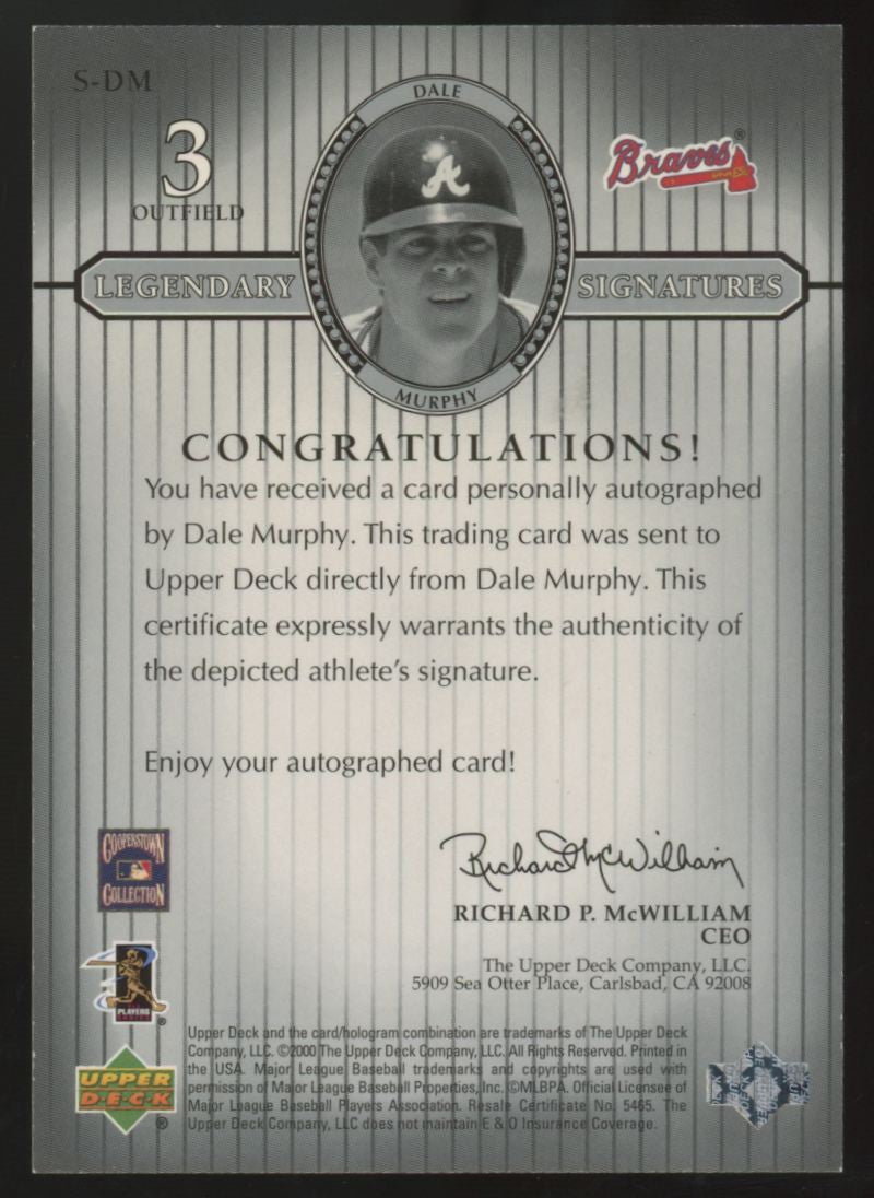 2000 Upper Deck Legends Dale Murphy Legendary Signature Auto #S-DM