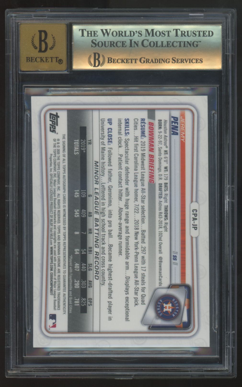 2020 Bowman Chrome Jeremy Pena 1st Prospect Speckle Auto #CPA-JP BGS 9.5 10
