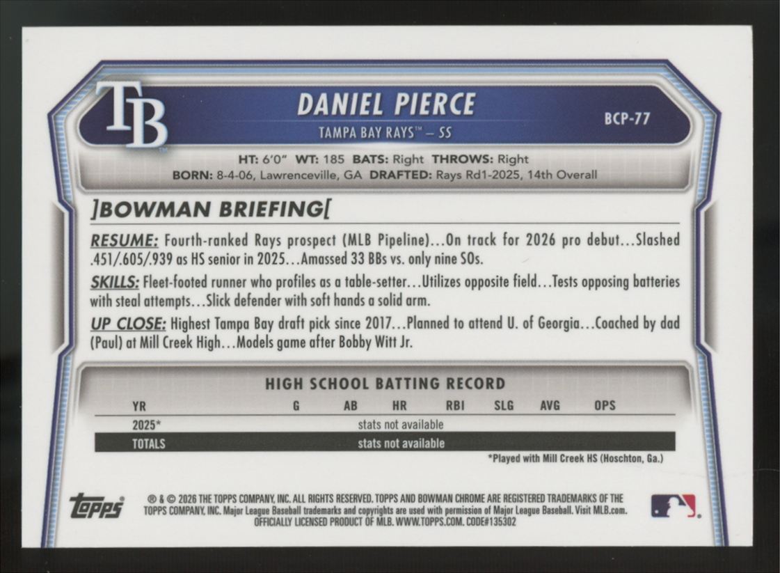 2026 Bowman Daniel Pierce 1st Gold Reptilian Refractor /50 #BCP-77