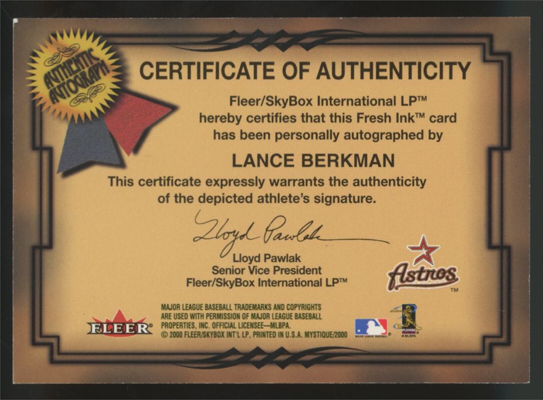 2000 Fleer Mystique Lance Berkman Fresh Ink Auto