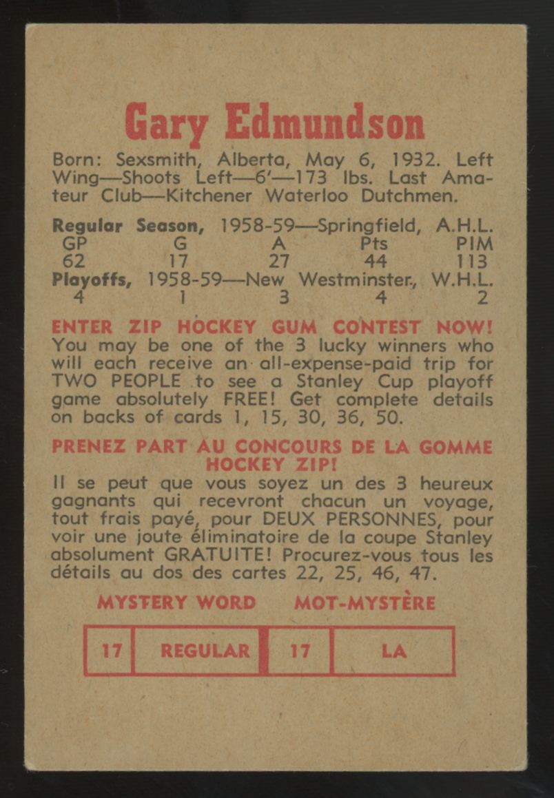 1959-60 Parkhurst Gary Edmundson #48 EX