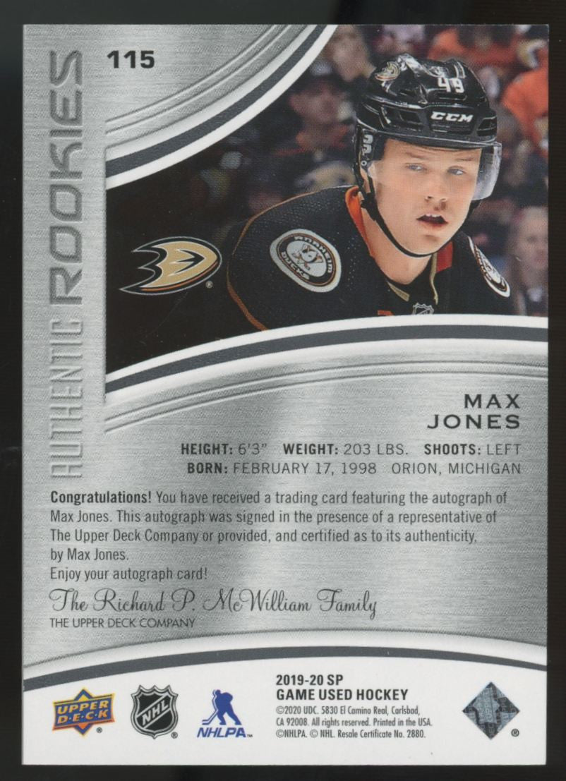2019-20 UD SP Game Used Max Jones RC Black Rainbow Auto /5 #115