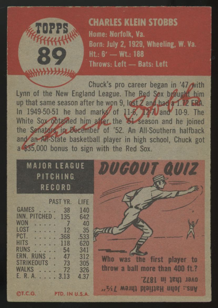 1953 Topps Chuck Stobbs #89 EX/MT "A"