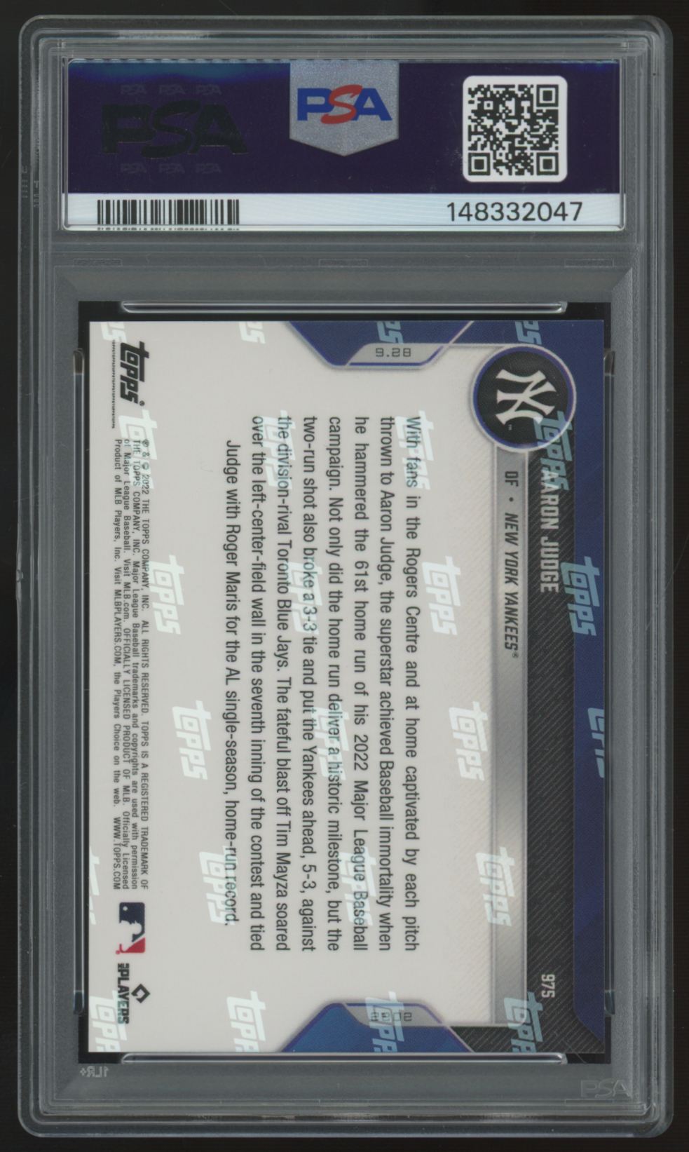 2022 Topps Now Aaron Judge 61'st HR #975 PSA 10 *047