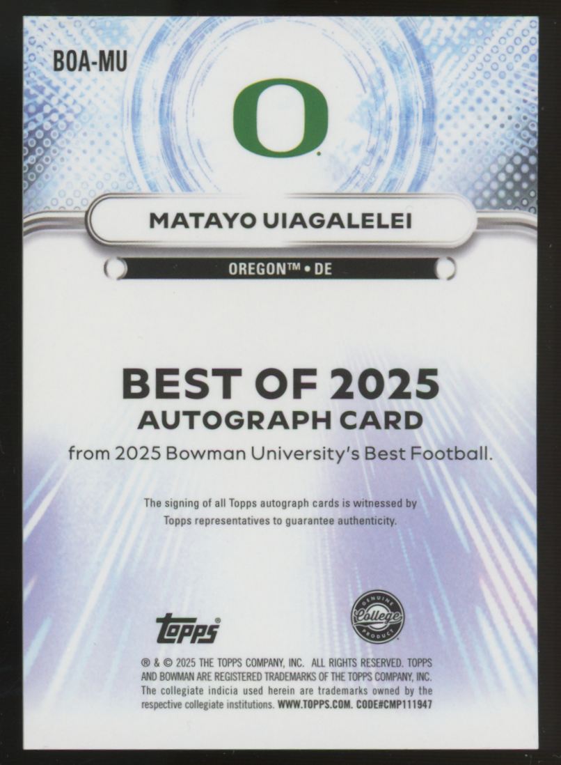 2025 Bowman Best University Matayo Uiagalelei Best of 2025 Auto #BOA-MU