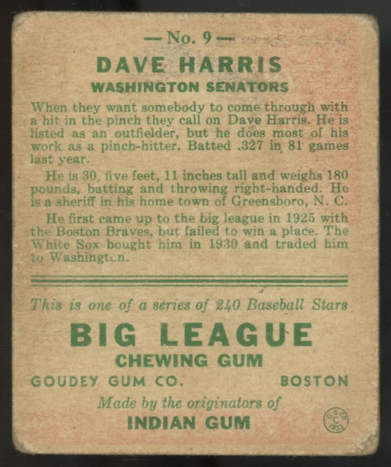 1933 Goudey Dave Harris #9 Poor