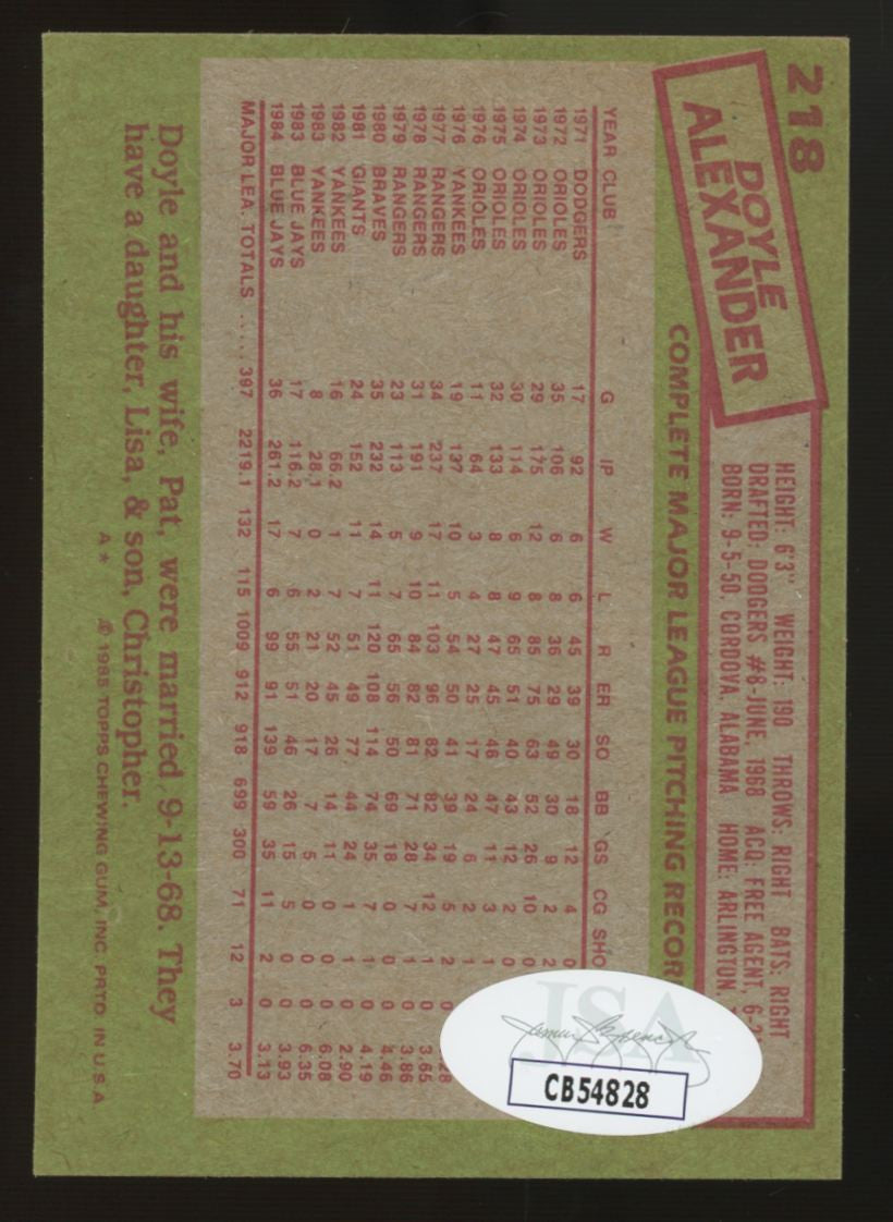 1985 Topps Doyle Alexander #218 Signed Auto JSA