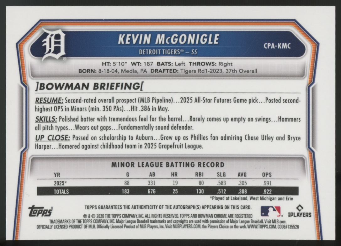 2026 Bowman Chrome Kevin McGonigle Prospect Mini-Diamond Auto /100 #CPA-KMC