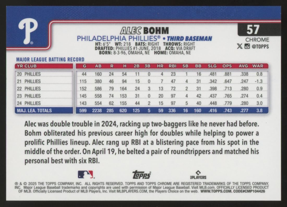 2025 Topps Chrome Alex Bohm Gold Raywave /50 #57