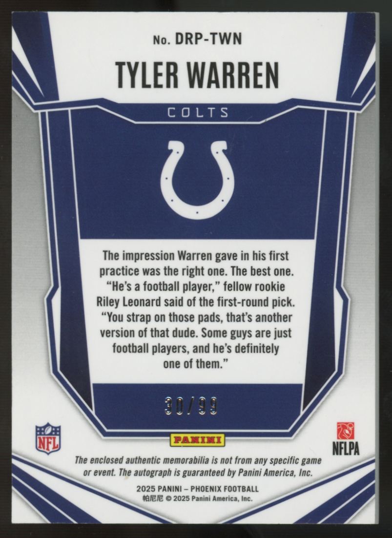 2025 Panini Phoenix Tyler Warren RC Dual Patch Auto RPA Red /99 #DRP-TWN