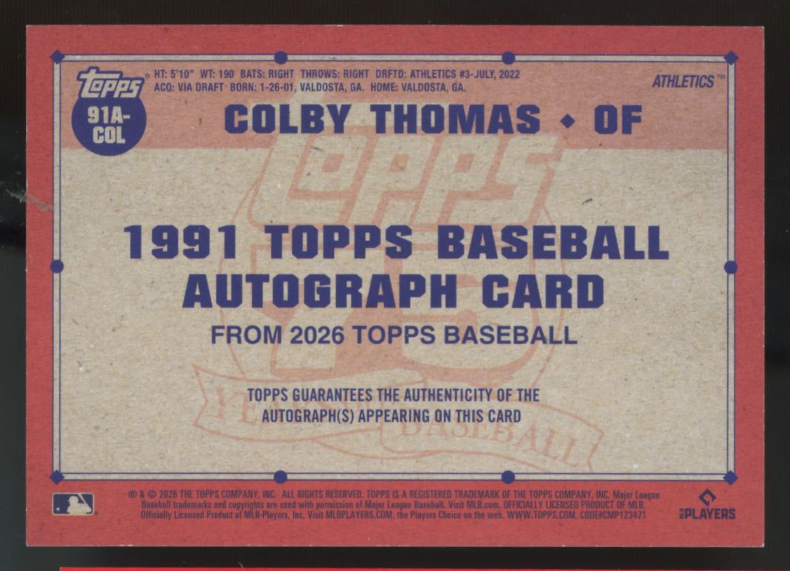 2026 Topps Series One Colby Thomas RC '91 Orange Foil Auto /25 #91A-COL