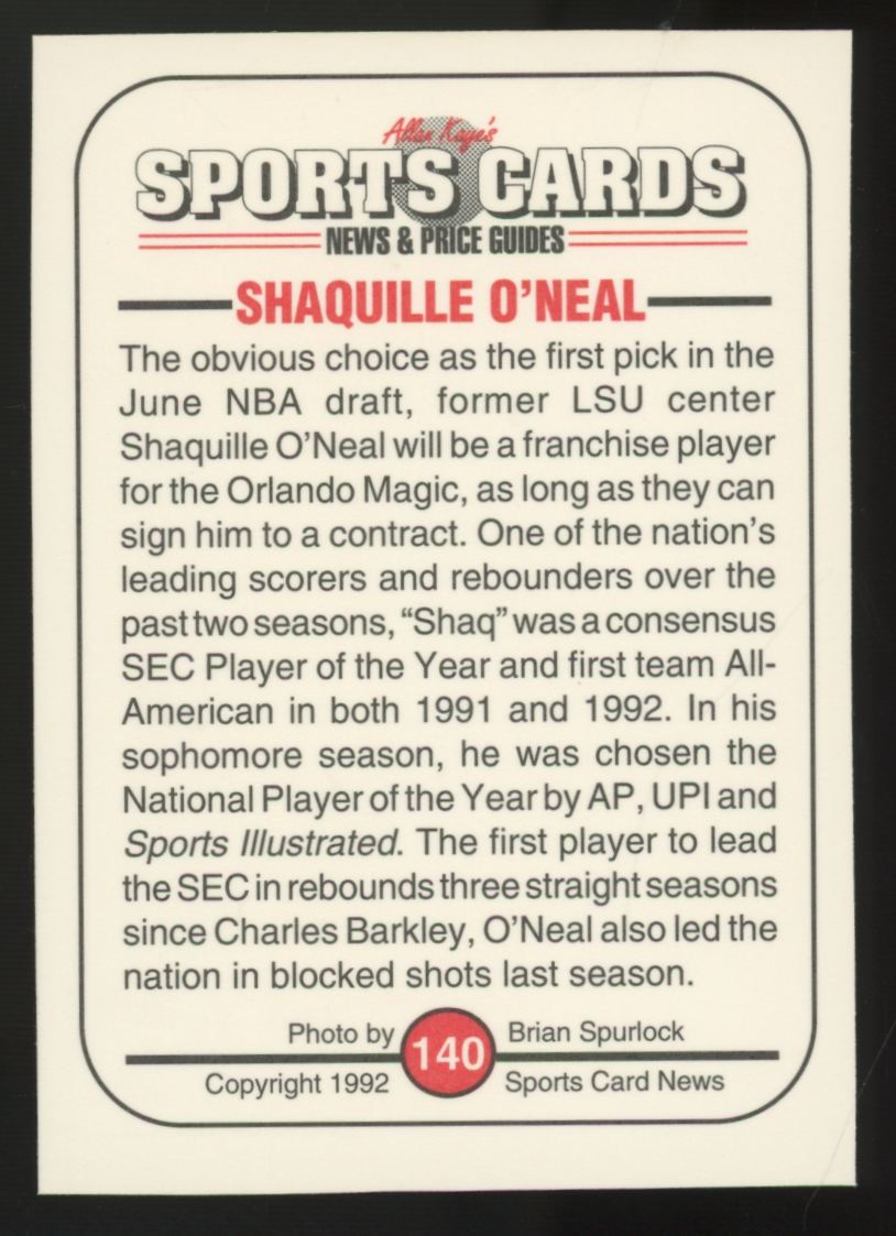 1992 Sports Card News Shaquille O'Neal RC #140