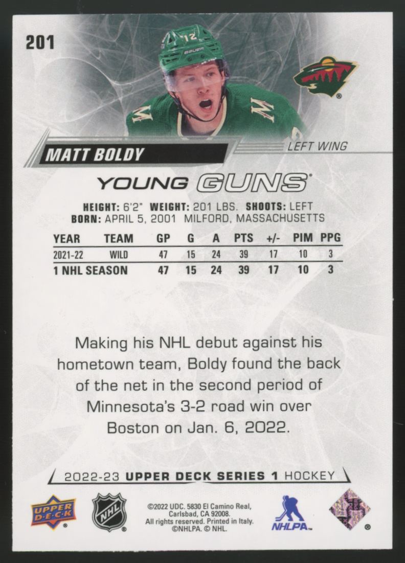2022-23 Upper Deck Series One Matt Boldy RC Young Guns #201
