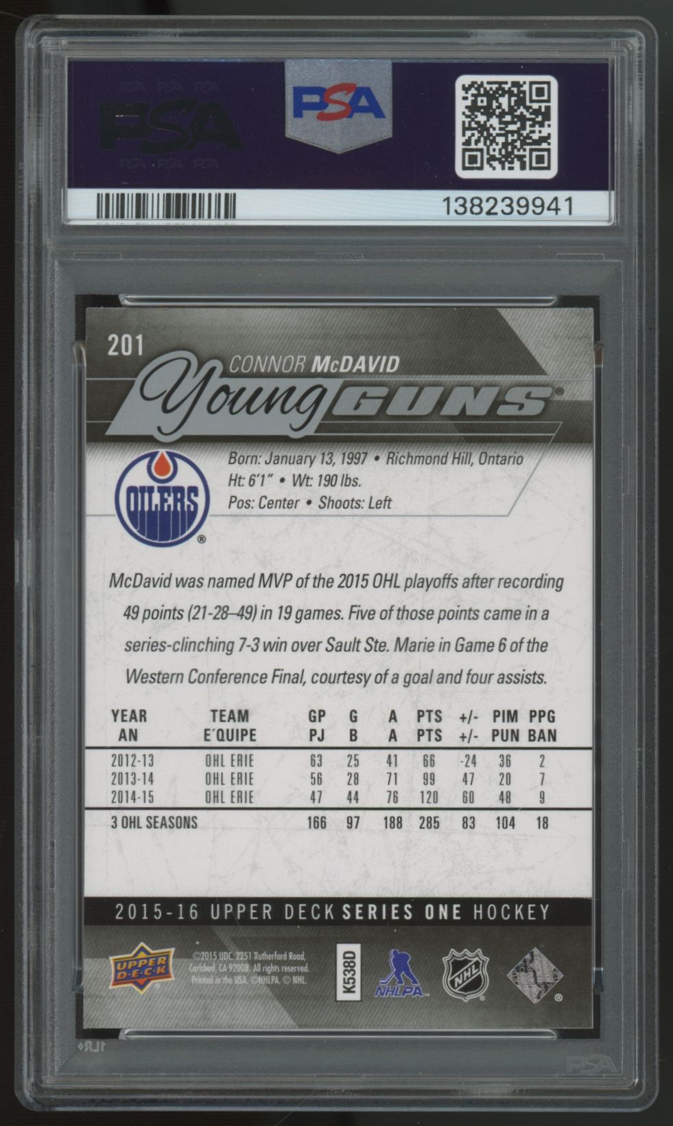 2015/16 UD Series 1 Connor McDavid RC Young Guns #201 PSA 9