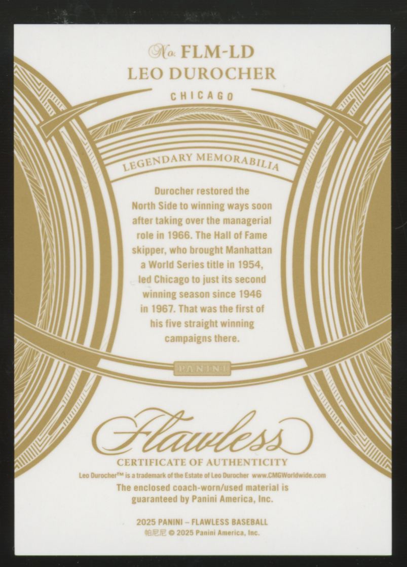 2025 Flawless Leo Durocher Legendary Memorabilia Sapphire Patch /15 #FLM-LD
