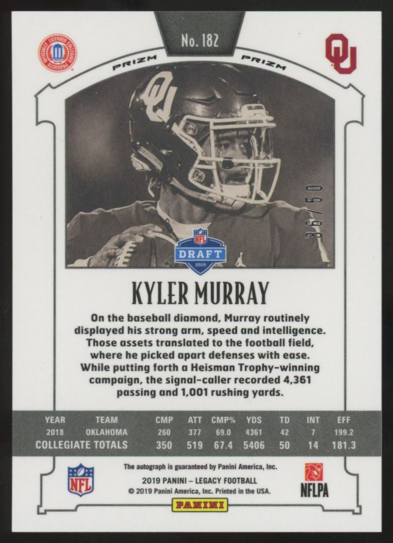 2019 Panini Legacy Kyler Murray RC Gold Auto /50 #182