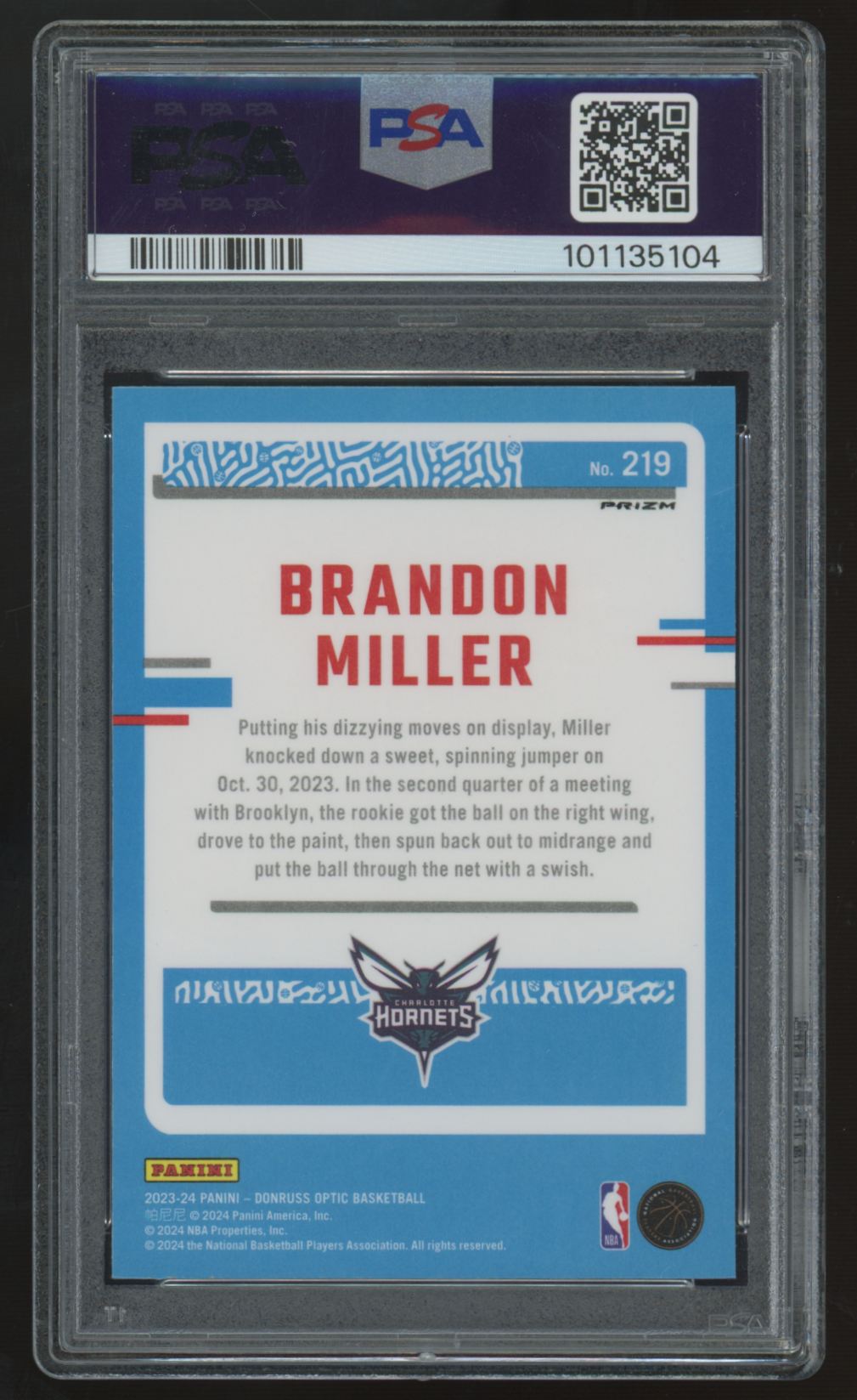 2023-24 Donruss Optic Brandon Miller RC Rated Rookie Holo #219 PSA 10