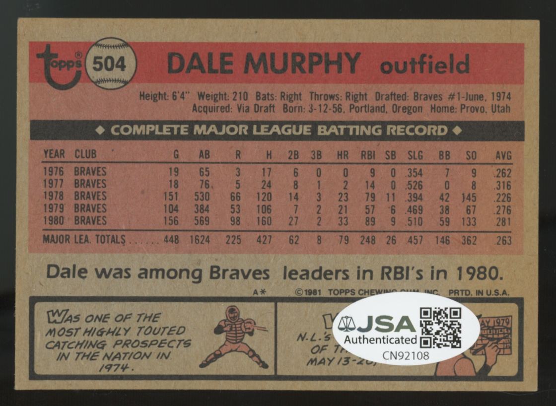 1981 Topps Dale Murphy Signed Autograph #504 JSA Authentic