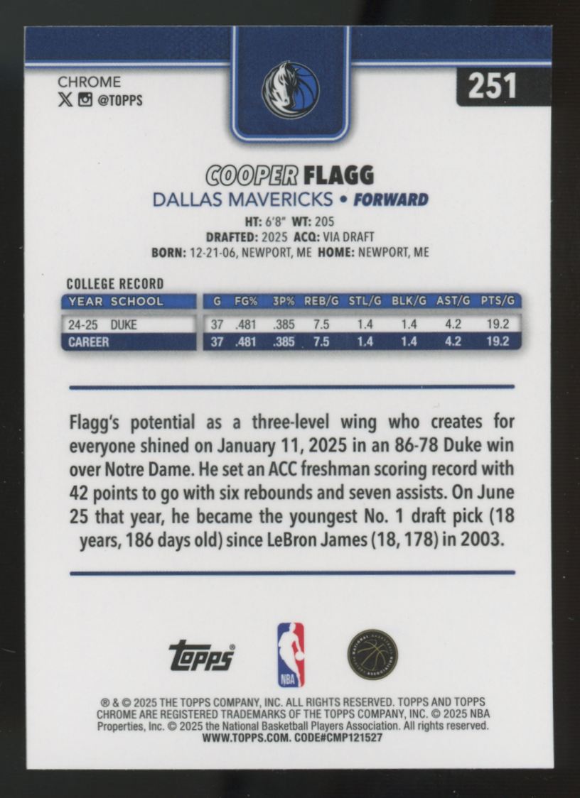 2025-26 Topps Chrome Cooper Flagg RC #251