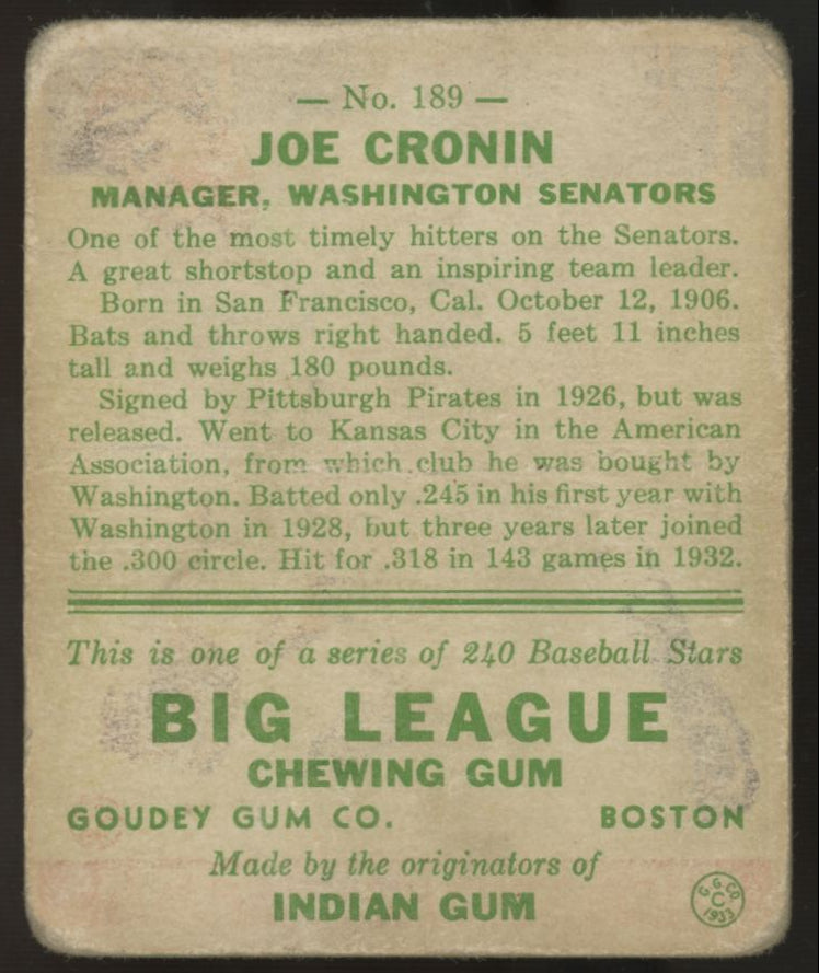 1933 Goudey Joe Cronin #189 Poor