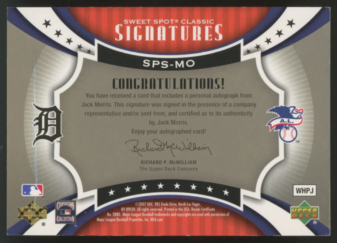 2007 Upper Deck Sweet Spot Jack Morris Auto /75 #SPS-MO