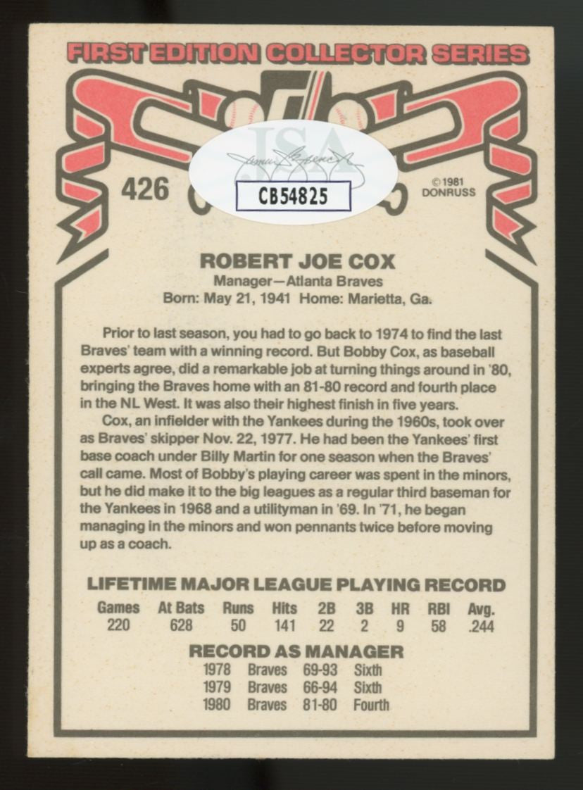 1981 Donruss Bobby Cox #426 Signed Auto JSA