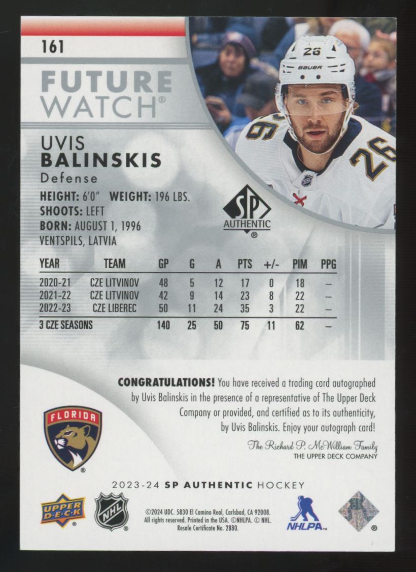 2023-24 Upper Deck SP Authentic Uvis Balinskis RC Future Watch Auto /999 #161