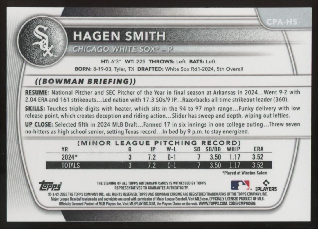 2025 Bowman Chrome Mega Hagen Smith Prospect Mojo Auto /150 #CPA-HS