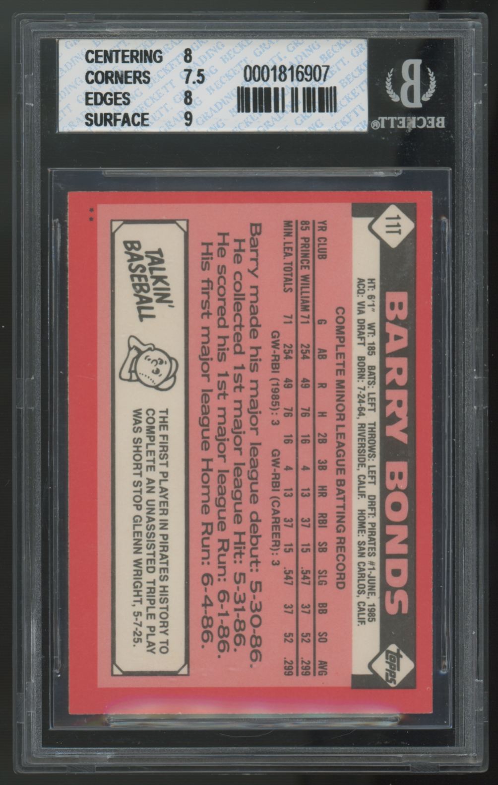 1986 Topps Traded Barry Bonds RC #11T BGS 8 *907