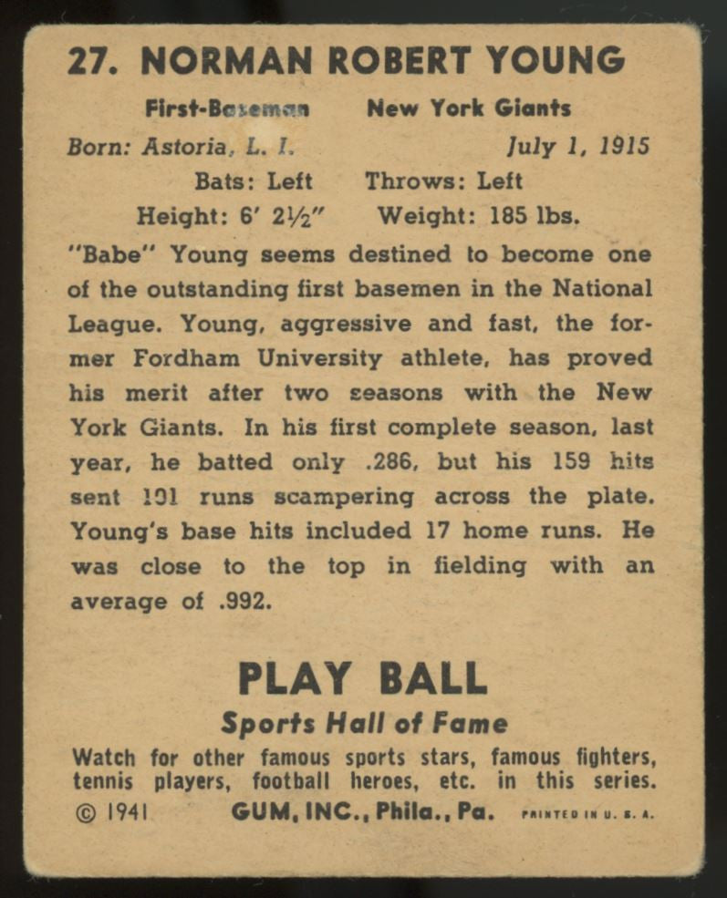 1941 Play Ball Babe Young #27 Good (Creases)