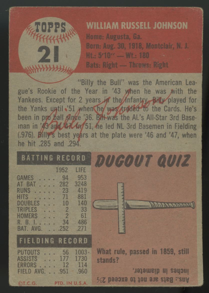 1953 Topps Billy Johnson #21 G/VG