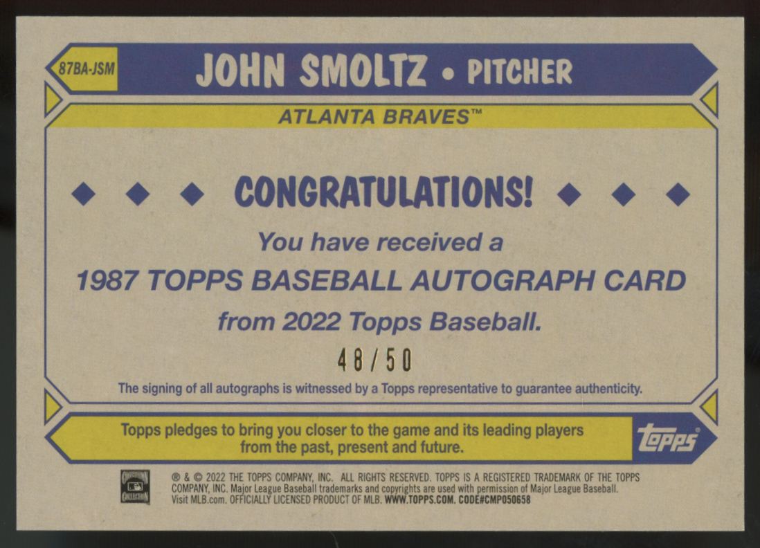 2022 Topps Series Two John Smoltz 1987 Topps Baseball Auto /50 #87BA-JSM