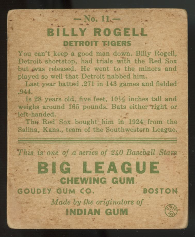 1933 Goudey Billy Rogell #11 P-F