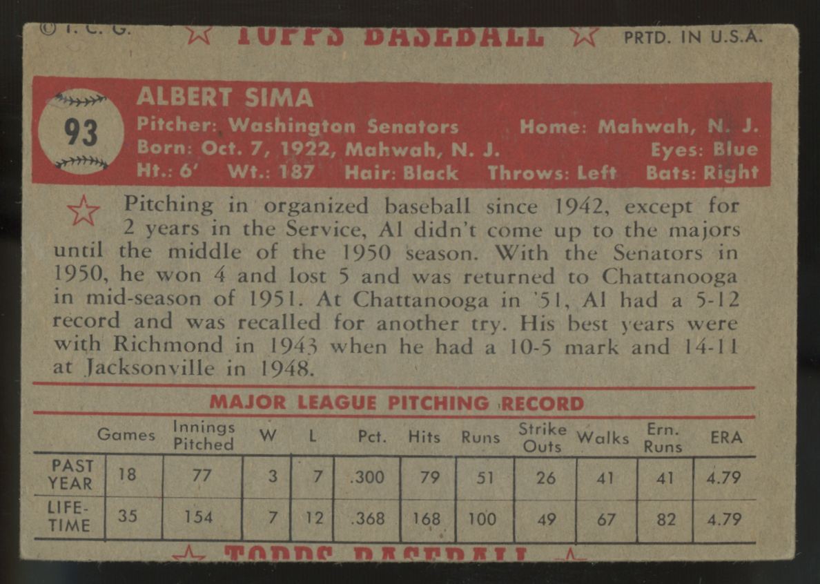 1952 Topps Al Sima RC #93 F/G (MC)