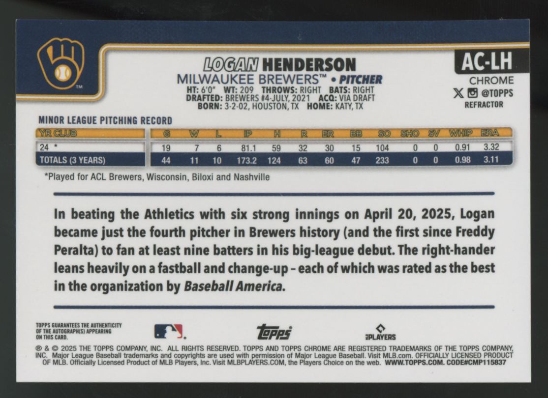 2025 Topps Chrome Update Logan Henderson RC Auto Refractor /499 #AC-LH