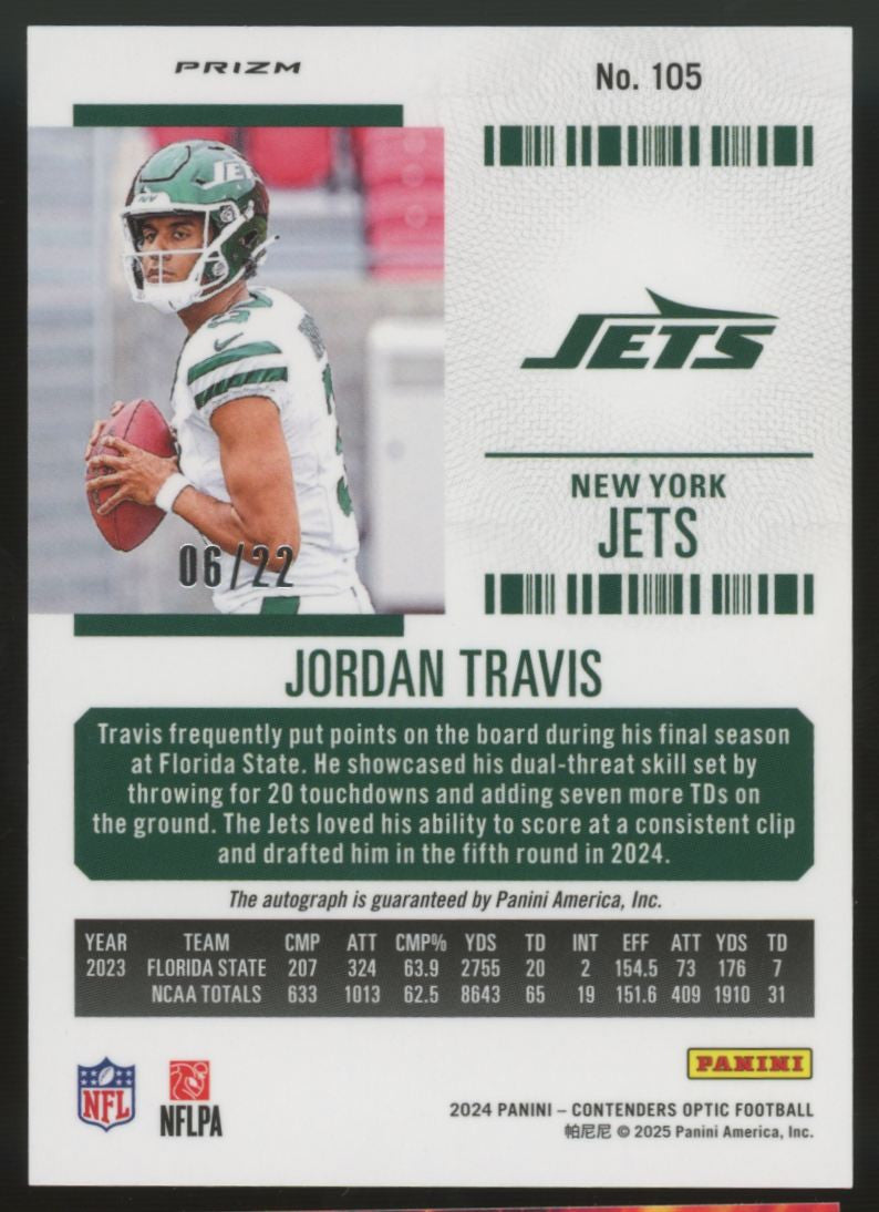 2024 Contenders Optic Jordan Travis RC Auto Rookie Ticket Silver Ice /22 #105