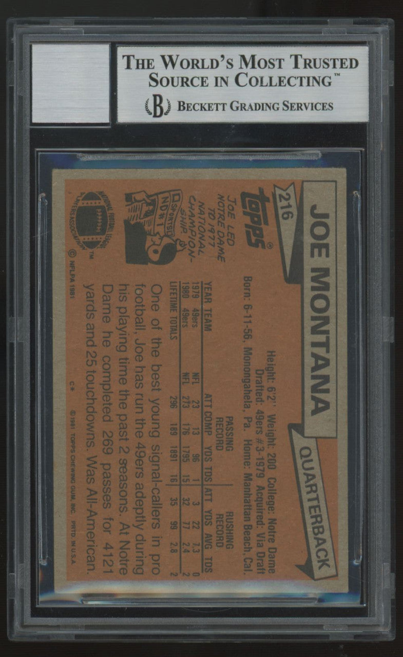 1981 Topps Joe Montana RC Signed Auto Inscription #216 BGS Authentic Auto 10