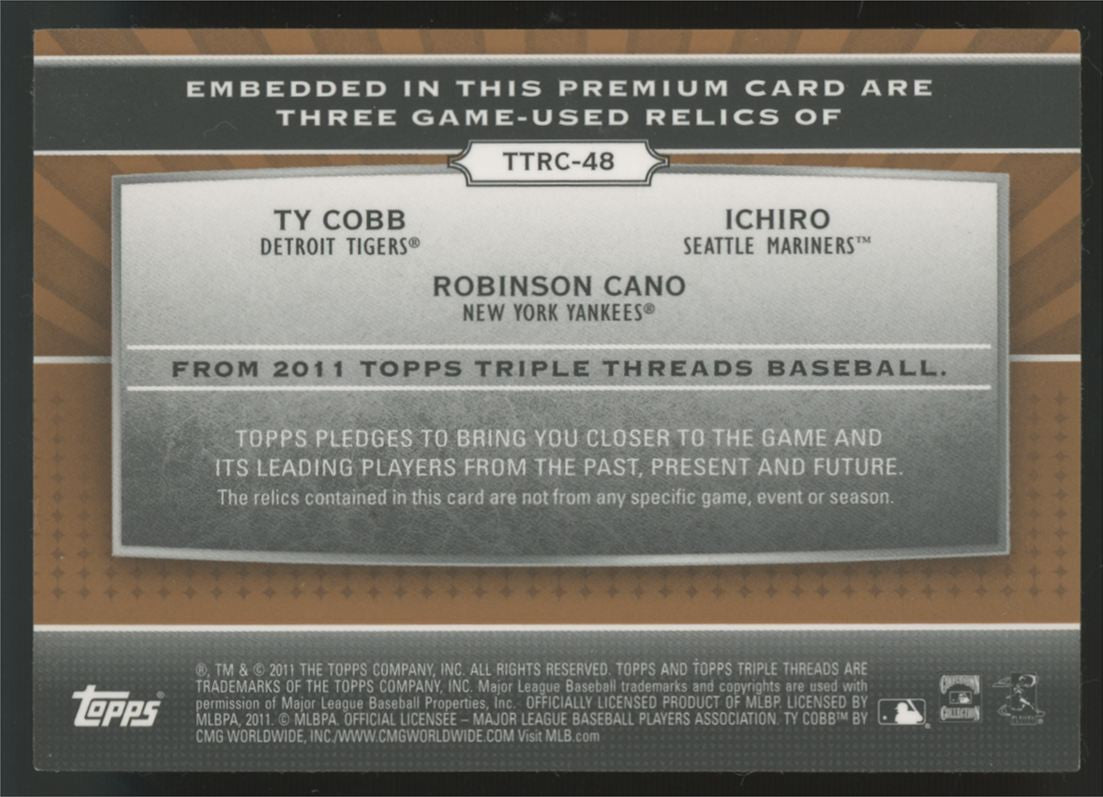 2011 Triple Threads Ty Cobb/Ichiro/Robinson Cano Sepia Triple Patch /27 #TTRC-48