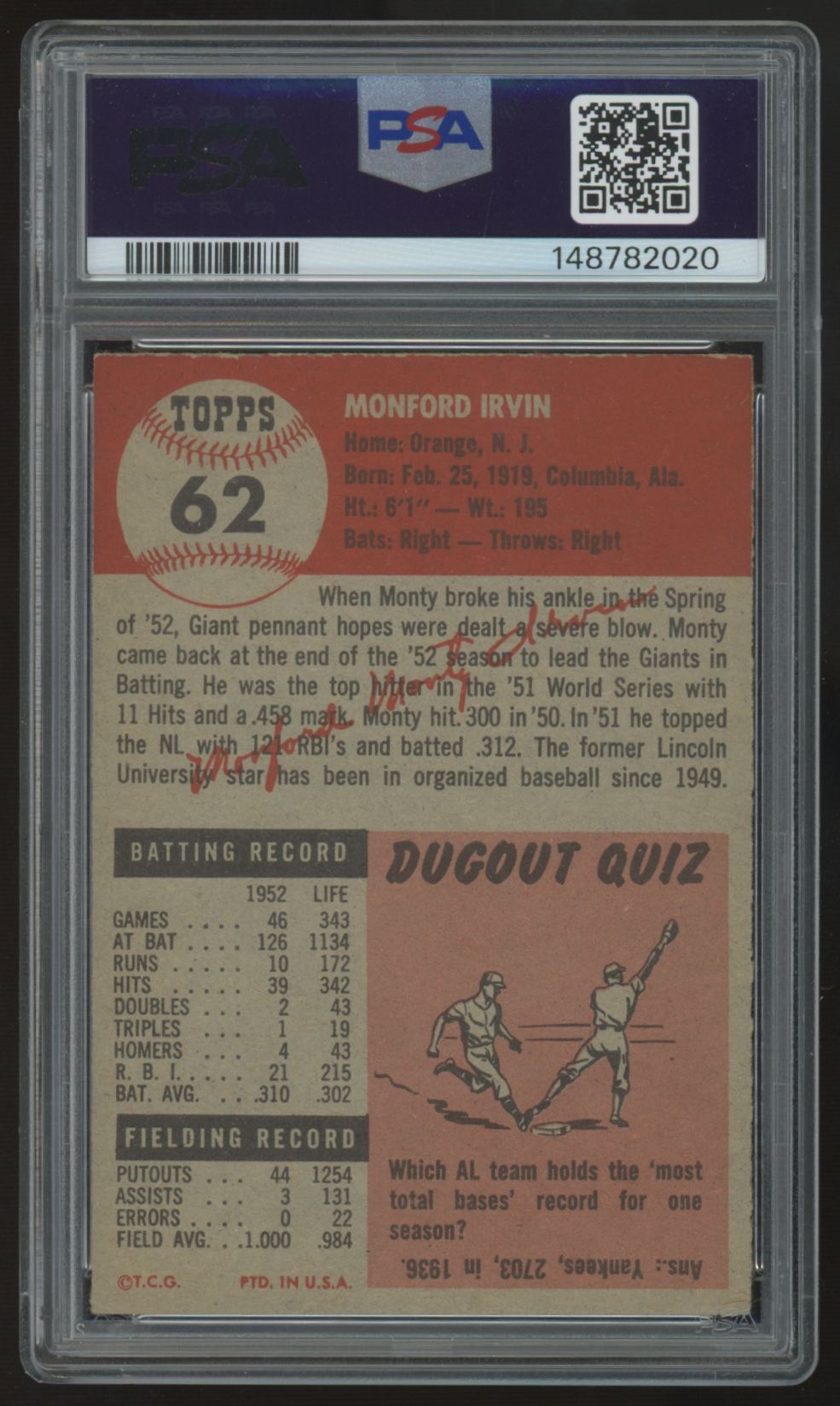 1953 Topps Monte Irvin #62 PSA 5