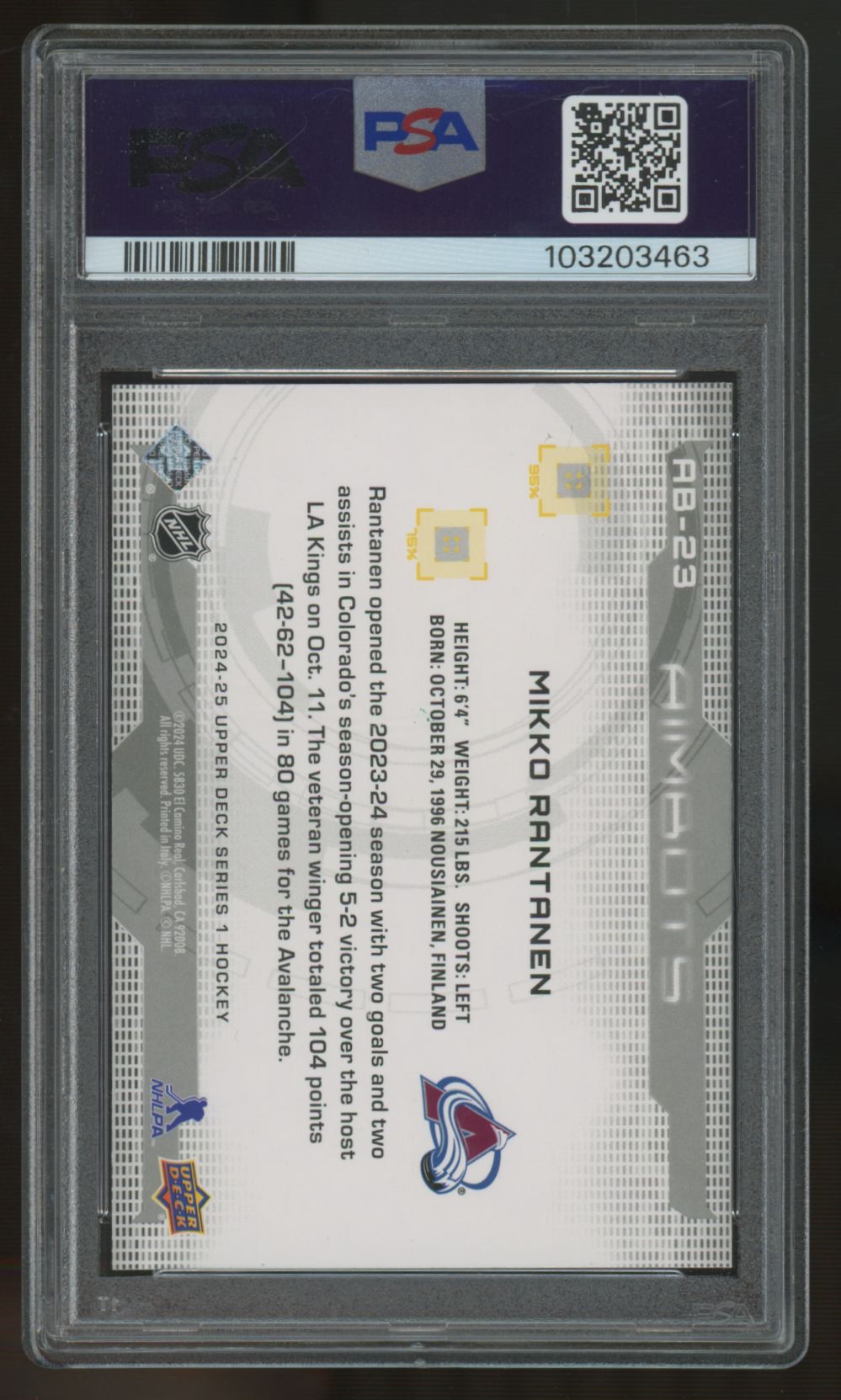 2024-25 Upper Deck Series One Mikko Rantanen Aimbot Black #AB-23 PSA 10